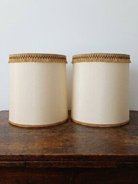 Pair of Vintage Mid-Century Drum Lampshades Beige with Gold Tassels Retro MCM